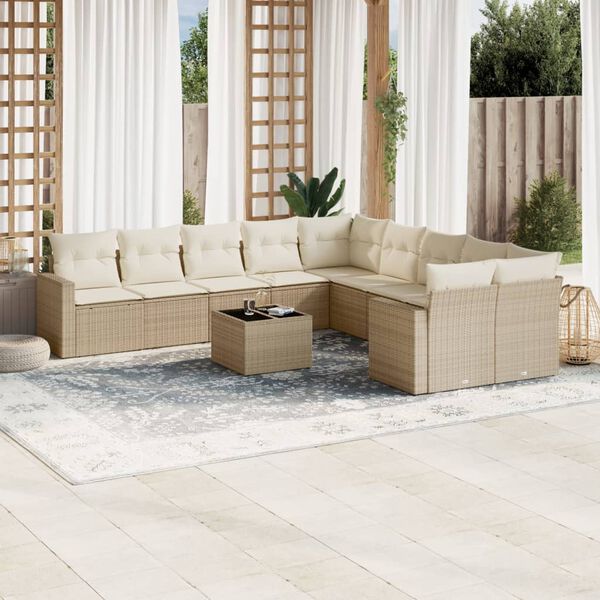 vidaXL 11-delige Tuinset met kussens poly rattan beige