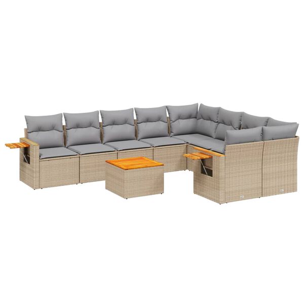 vidaXL 10-delige Loungeset met kussens poly rattan beige
