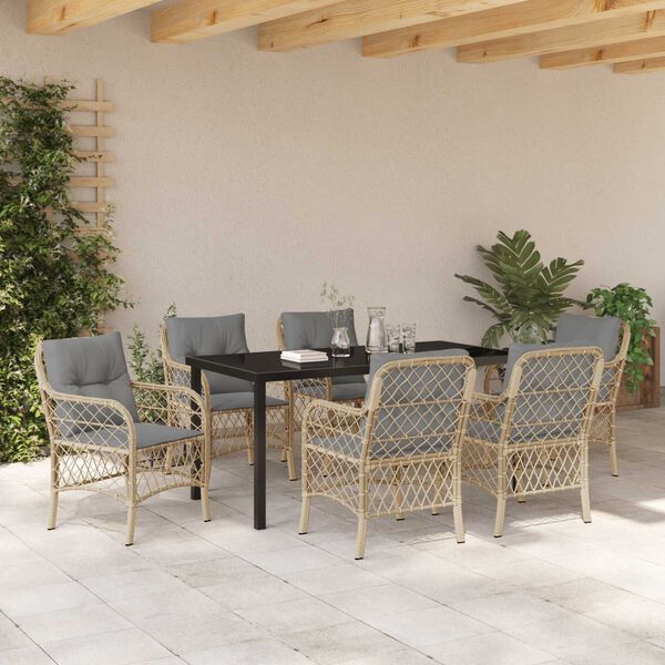 vidaXL Tuin eettafelset met kussen 7 pcs Beige poly rattan