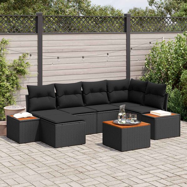 vidaXL Tuinbankenset met kussen met opslag 7 pcs Zwart Polyrattan
