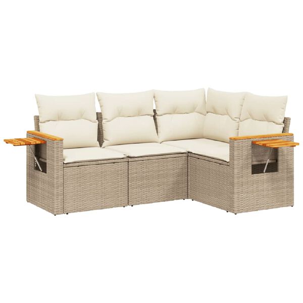 vidaXL 4-delige Loungeset met kussens poly rattan beige