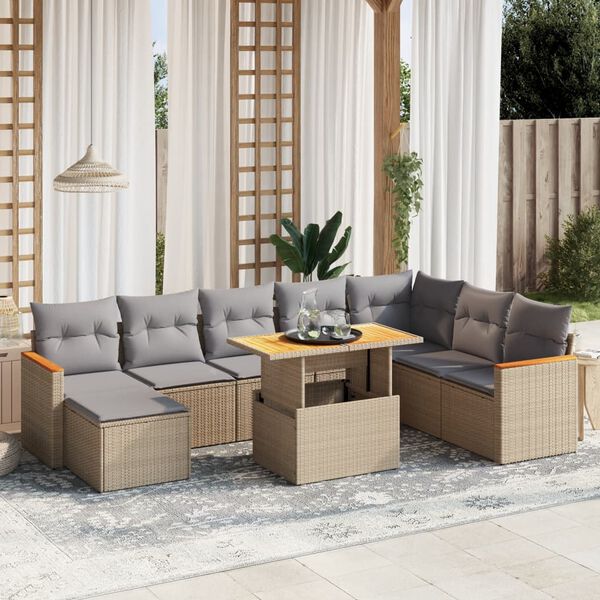 vidaXL 9-delige Loungeset met kussens poly rattan beige