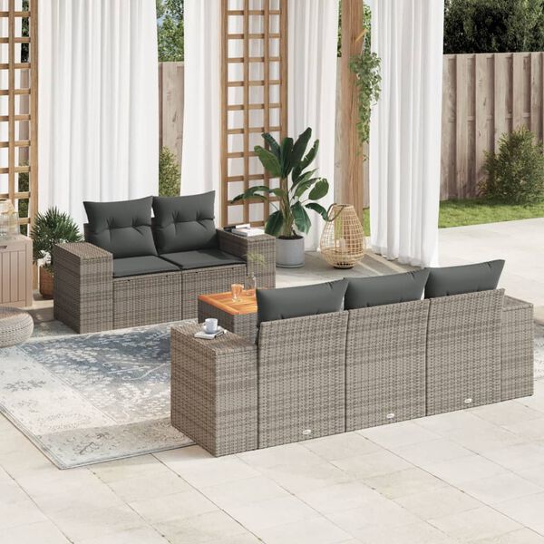 vidaXL 6-delige Loungeset met kussens poly rattan grijs