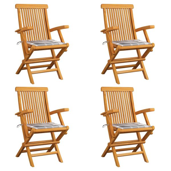 vidaXL Tuinstoelen 4 st met grijs geruite kussens massief teakhout