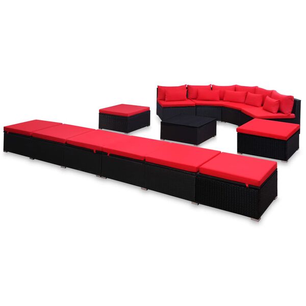 vidaXL 9-delige Loungeset met kussens poly rattan rood