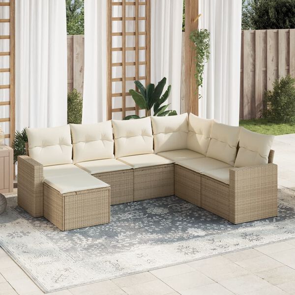 vidaXL 7-delige Loungeset met kussens poly rattan beige