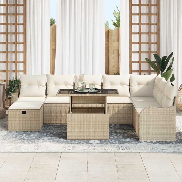 vidaXL Tuin Sofa Set met kussen met opslag 9 pcs Beige Poly riet