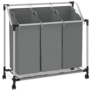 vidaXL Wasmand met wielen 3 vakken grijs