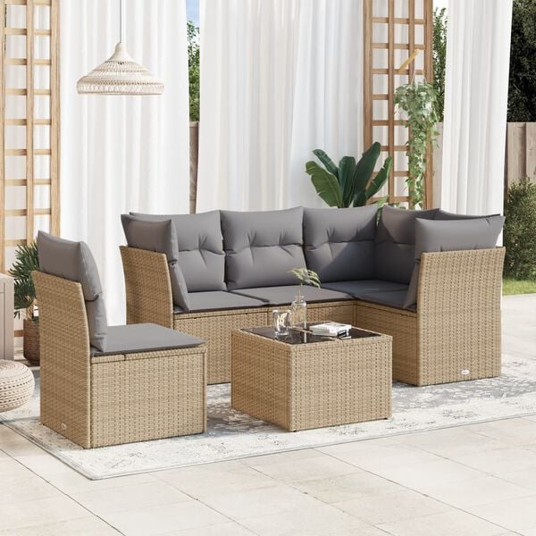 vidaXL 6-delige Loungeset met kussens poly rattan beige