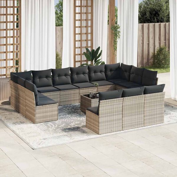 vidaXL 14-delige Loungeset met kussens poly rattan lichtgrijs