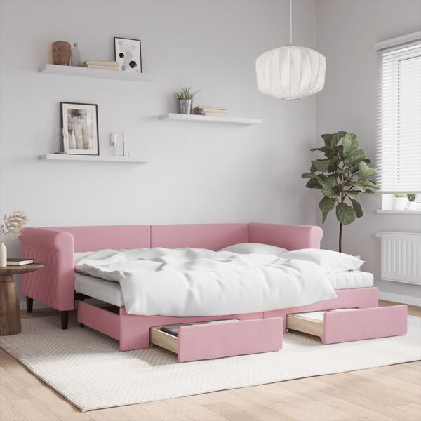vidaXL Slaapbank met onderschuifbed en lades 90x200 cm fluweel roze
