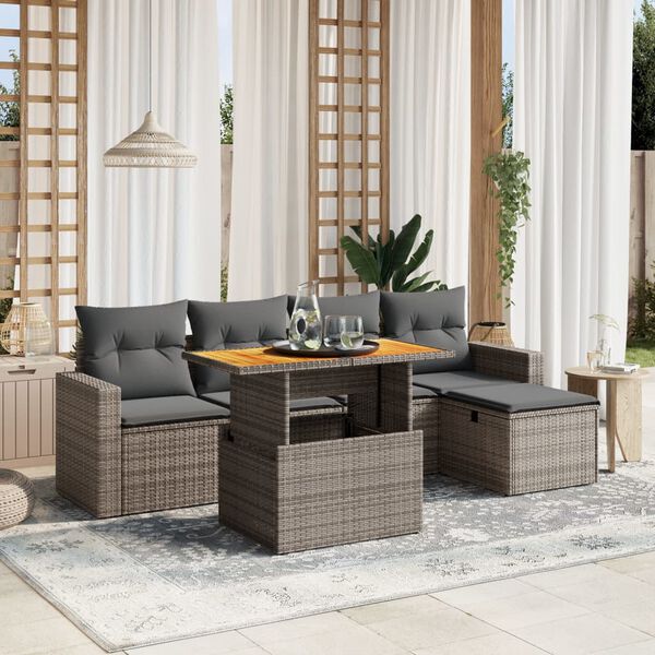 vidaXL 6-delige Loungeset met kussens poly rattan grijs