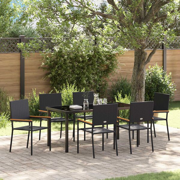 vidaXL Tuin eettafelset met kussen 7 pcs Zwart poly rattan
