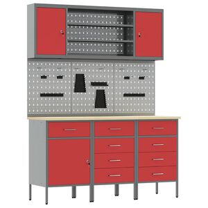 vidaXL Werk kast met lade 7 st Rood en Grijs Engineered hout en staal