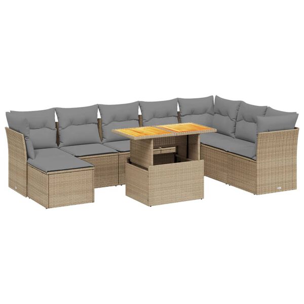 vidaXL 9-delige Loungeset met kussens poly rattan beige