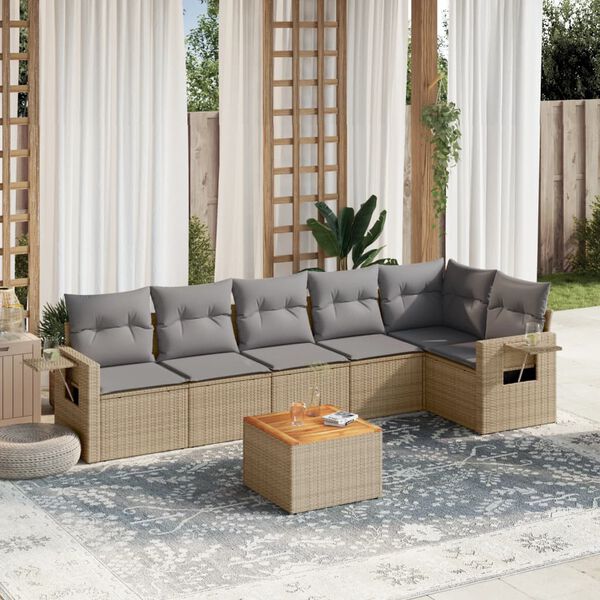 vidaXL 7-delige Loungeset met kussens poly rattan gemengd beige