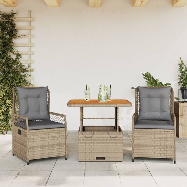vidaXL 3-delige Tuinset met kussens poly rattan beige