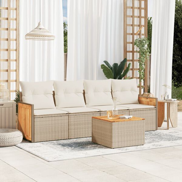 vidaXL 5-delige Loungeset met kussens poly rattan beige