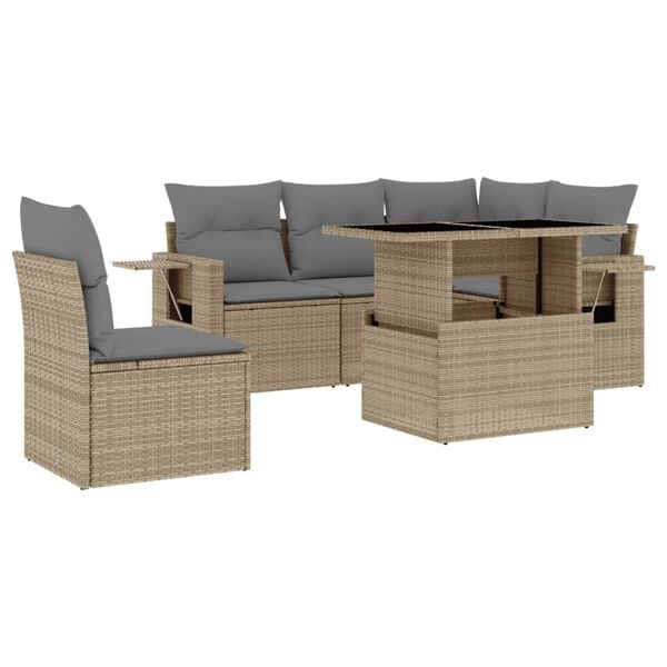 vidaXL 6-delige Loungeset met kussens poly rattan beige