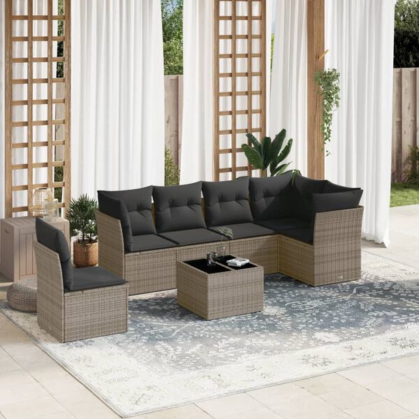 vidaXL 7-delige Loungeset met kussens poly rattan grijs