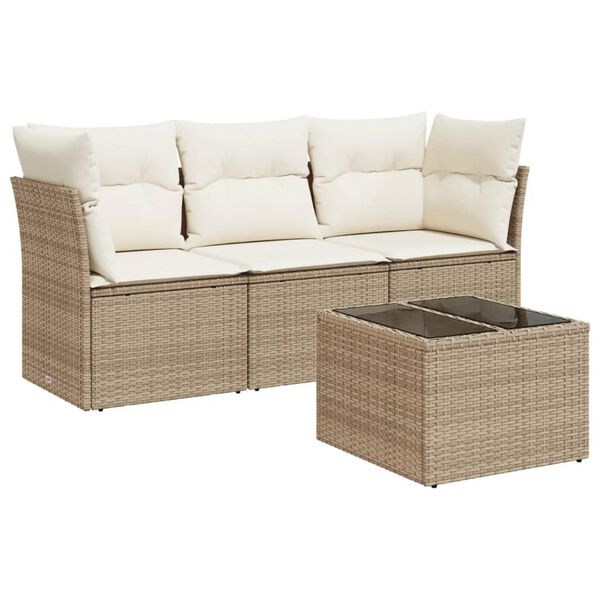 vidaXL 4-delige Loungeset met kussens poly rattan beige