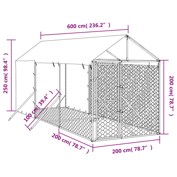 vidaXL Hondenkennel met dak 2x6x2,5 m gegalvaniseerd staal zilverkleur