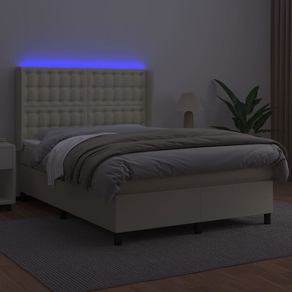 vidaXL Boxspring met matras en LED kunstleer cr&egrave;mekleurig 140x200 cm
