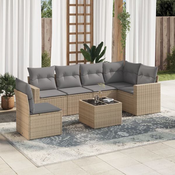 vidaXL 7-delige Loungeset met kussens poly rattan beige
