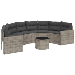 vidaXL Tuinbank met tafel en kussens halfrond poly rattan grijs