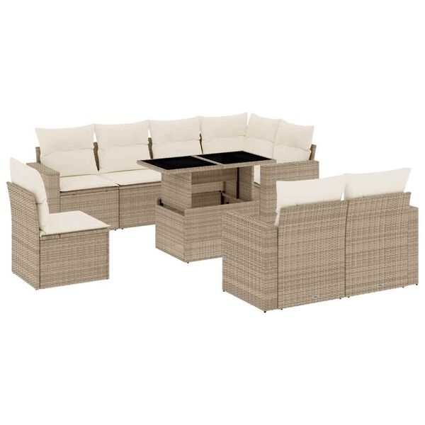 vidaXL 9-delige Loungeset met kussens poly rattan beige