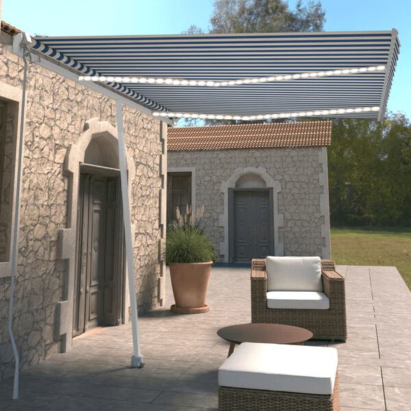 vidaXL Luifel handmatig uittrekbaar met LED 350x250 cm blauw en wit