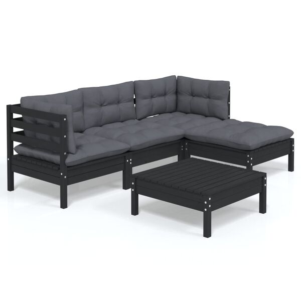 vidaXL 5-delige Loungeset met kussens grenenhout zwart