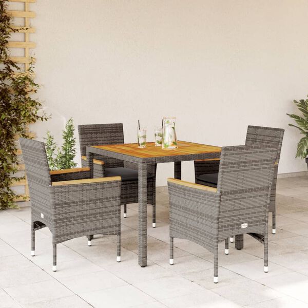 vidaXL 5-delige Tuinset met kussens poly rattan en acaciahout grijs