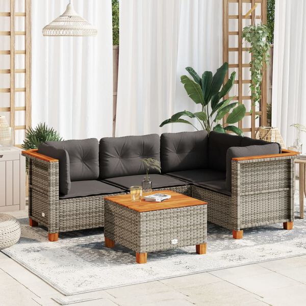 vidaXL 5-delige Loungeset met kussens poly rattan grijs