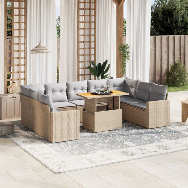 vidaXL 10-delige Loungeset met kussens poly rattan beige