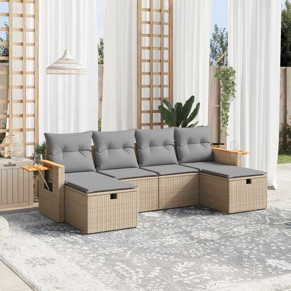 vidaXL 6-delige Loungeset met kussens poly rattan gemengd beige