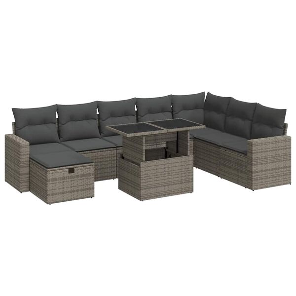 vidaXL 9-delige Loungeset met kussens poly rattan grijs