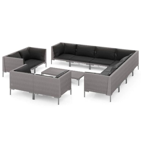 vidaXL 12-delige Loungeset met kussens poly rattan donkergrijs