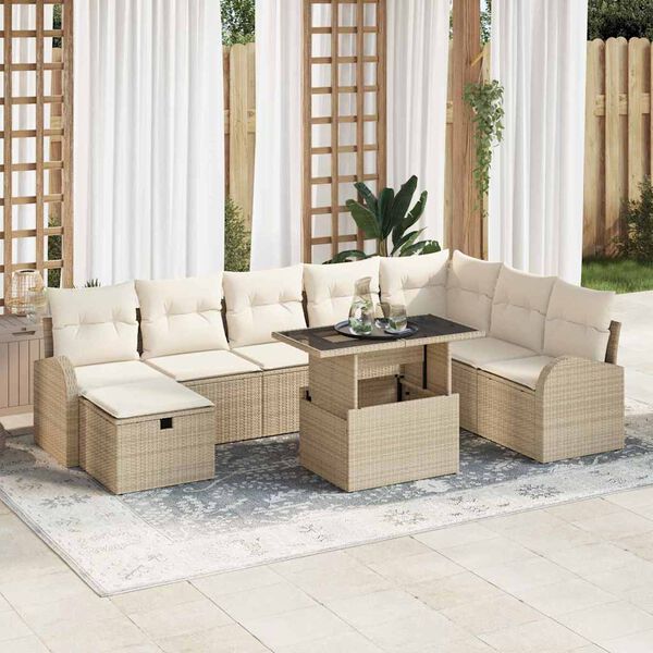 vidaXL Tuin Sofa Set met kussen met opslag 9 pcs Beige Poly riet