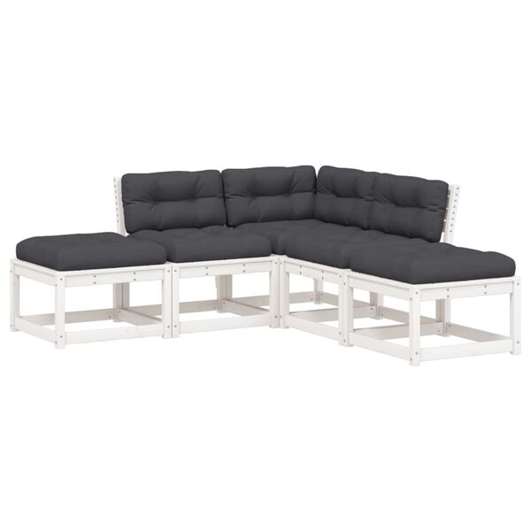 vidaXL 5-delige Loungeset met kussens massief grenenhout wit