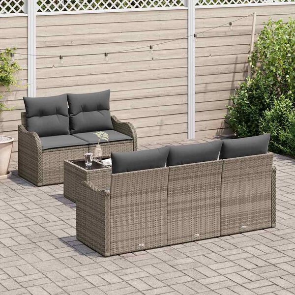 vidaXL Tuin Sofa Set met kussen 6 pcs Grijs Poly rattan, staal en glas