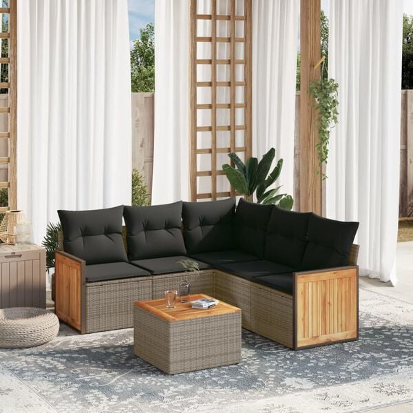 vidaXL 6-delige Loungeset met kussens poly rattan grijs