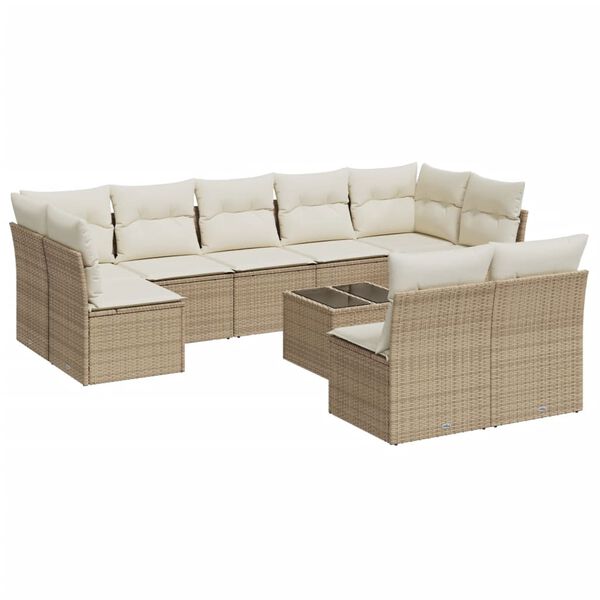 vidaXL 10-delige Loungeset met kussens poly rattan beige
