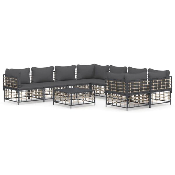 vidaXL 9-delige Loungeset met kussens poly rattan antracietkleurig
