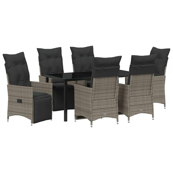 vidaXL Tuin eettafelset met kussen 7 pcs Grijs poly rattan