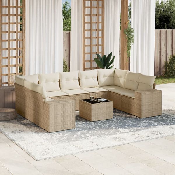 vidaXL 10-delige Loungeset met kussens poly rattan beige