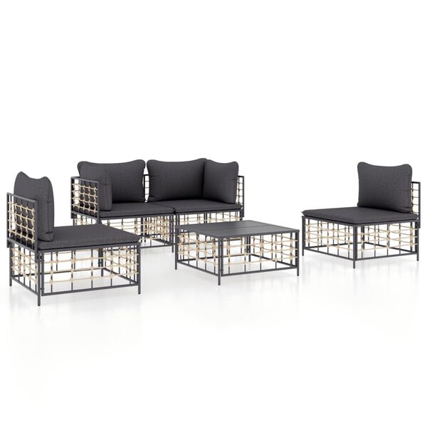 vidaXL 5-delige Loungeset met kussens poly rattan antracietkleurig