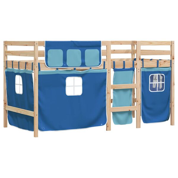vidaXL Kinderhoogslaper met gordijnen 90x190 cm grenenhout blauw