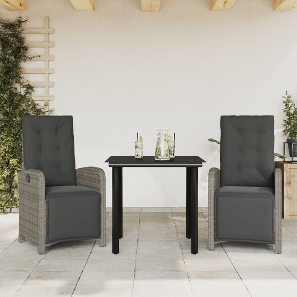 vidaXL 3-delige Bistroset met kussens poly rattan grijs