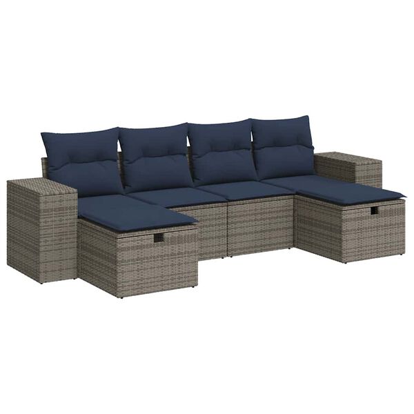 vidaXL 6-delige Loungeset met kussens poly rattan grijs